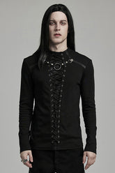 Black Long Sleeves Stitching Lace-Up Ripped Men's Punk Blouse